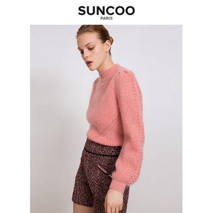 FOR TEST SUNCOO圓領舒適法式輕熟穿搭氣質減齡泡袖秋季新品女士新款毛衣
